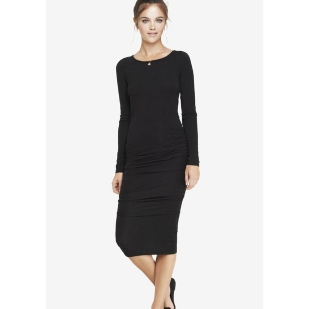 Scoop Neck Black Ruched Stretch Knit‎ Midi Dress XS